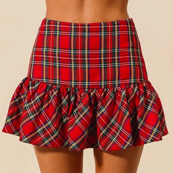So Me Dresses & Skirts - "SO ME" PLAID MINI BALLOON SKIRT WITH SIDE INVISIBLE ZIPPER AND SHORTS LINING